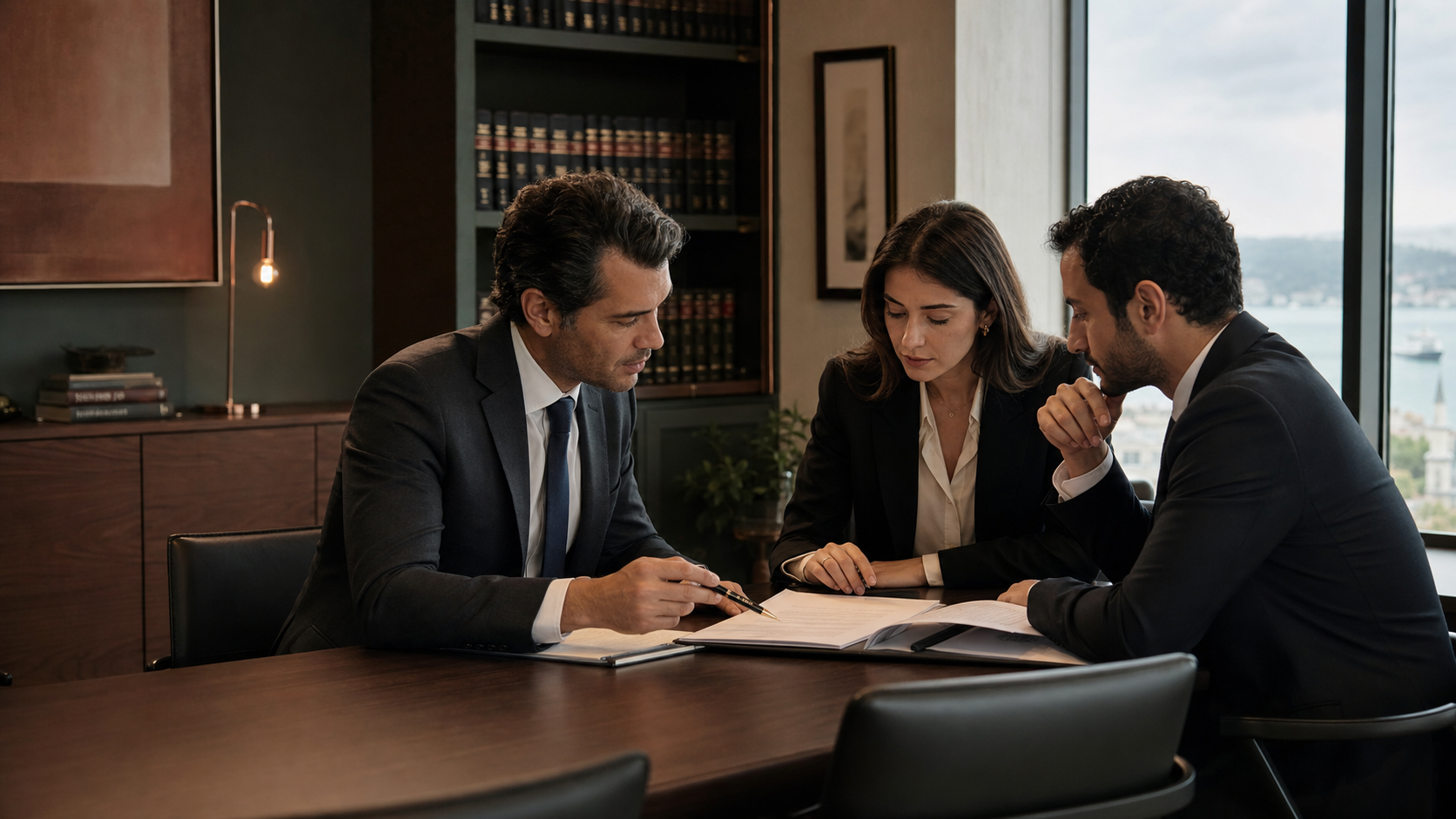 Legal professionals reviewing a contract in a contemporary Istanbul law office